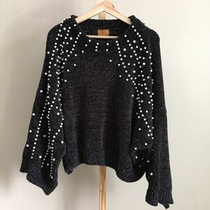 POL Chenille Pearl Embellished Sweater Charcoal Grey Oversized L